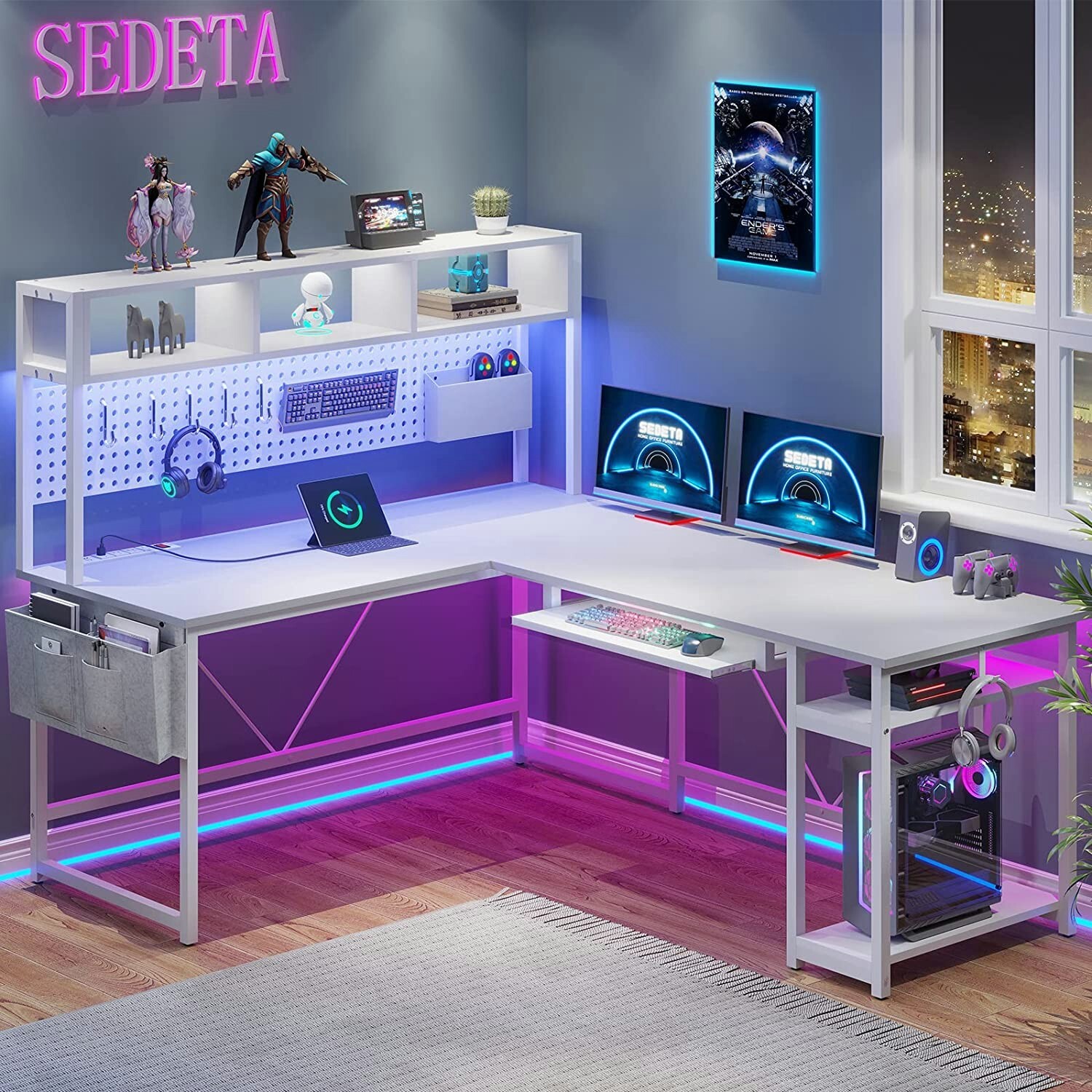 L Shaped Gaming Desk, Reversible 94.5" Office Desk with Power Outlet &Led Light