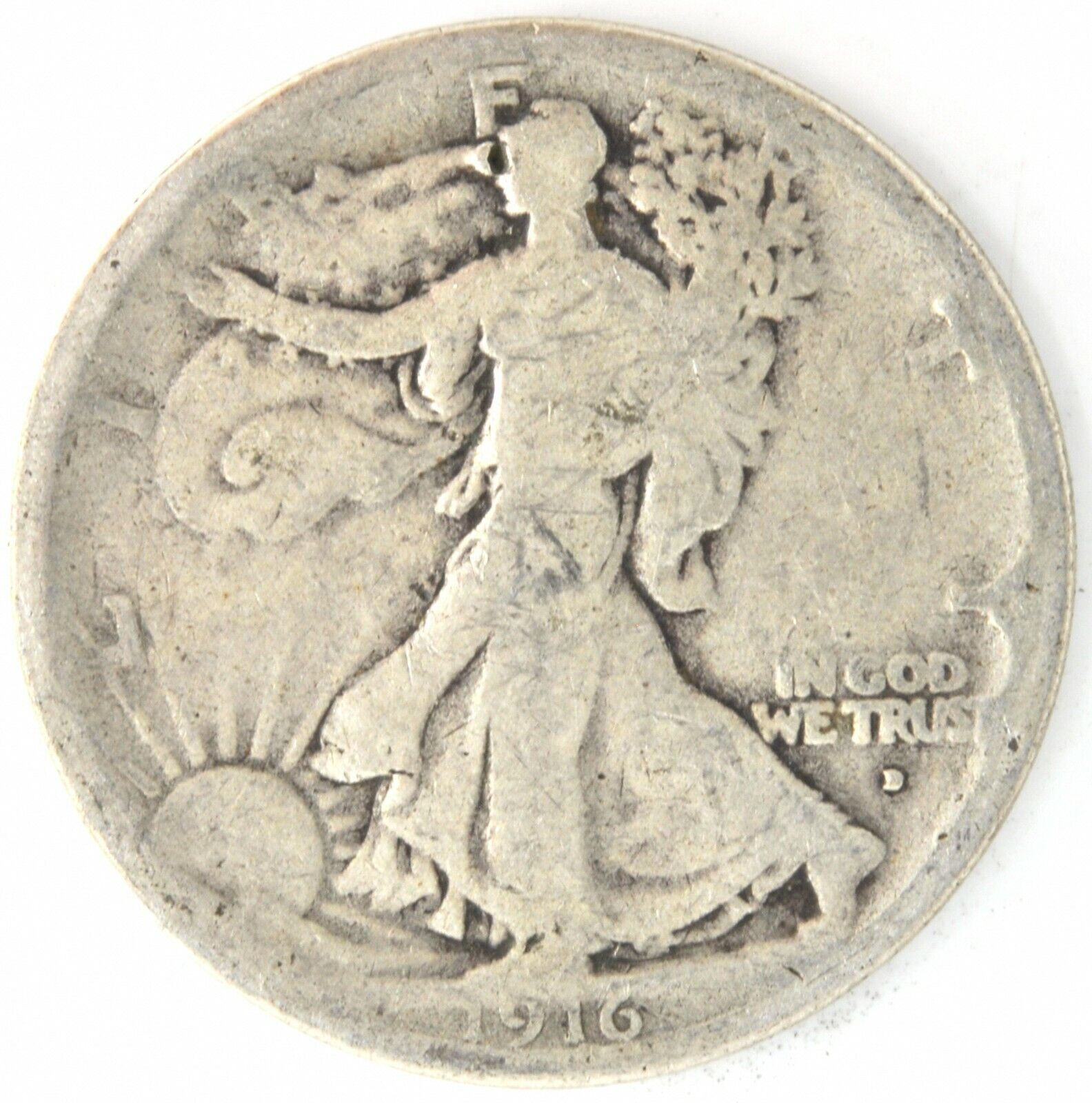 1916 D Walking Liberty Half Dollar US 90% Silver 50 Cent Coin First Year Issue