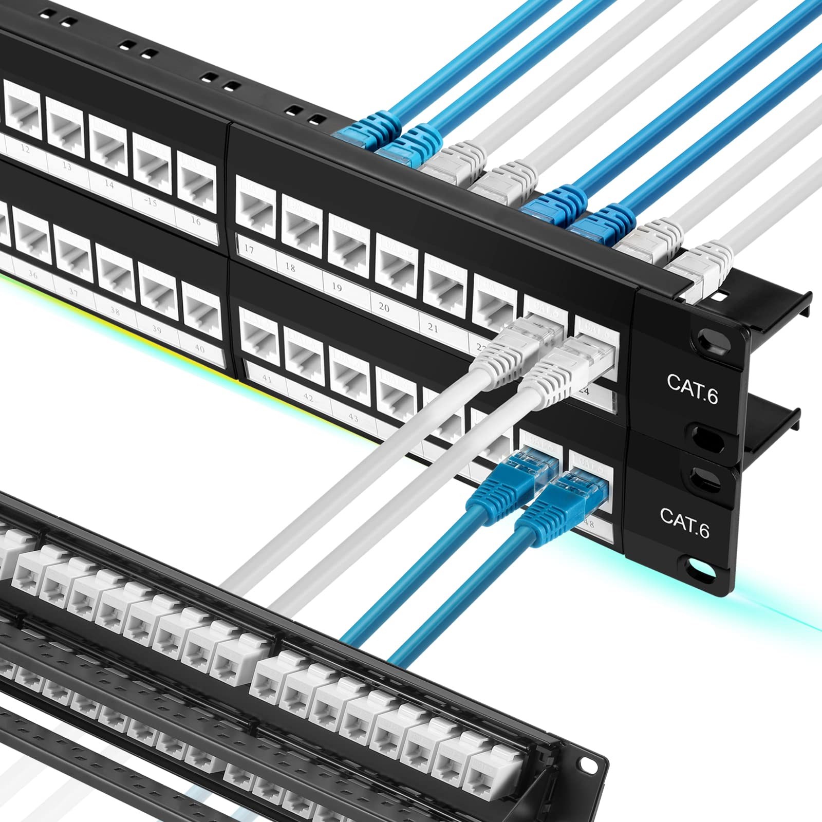 Rapink Patch Panel 48 Port Cat6 with White Inline Keystone 10G Support,