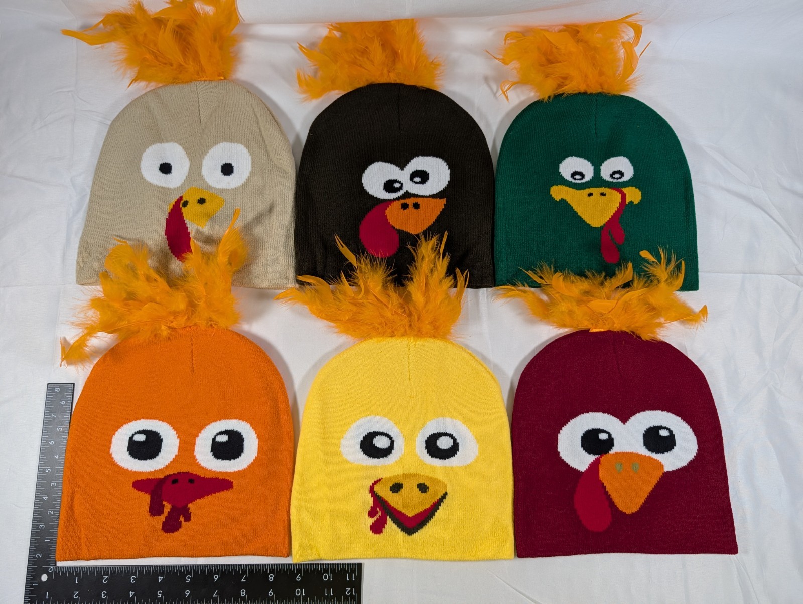 Turkey Trot Beanie Lot 6-Pack Novelty Thanksgiving Knit Hat Feather Topper Fun