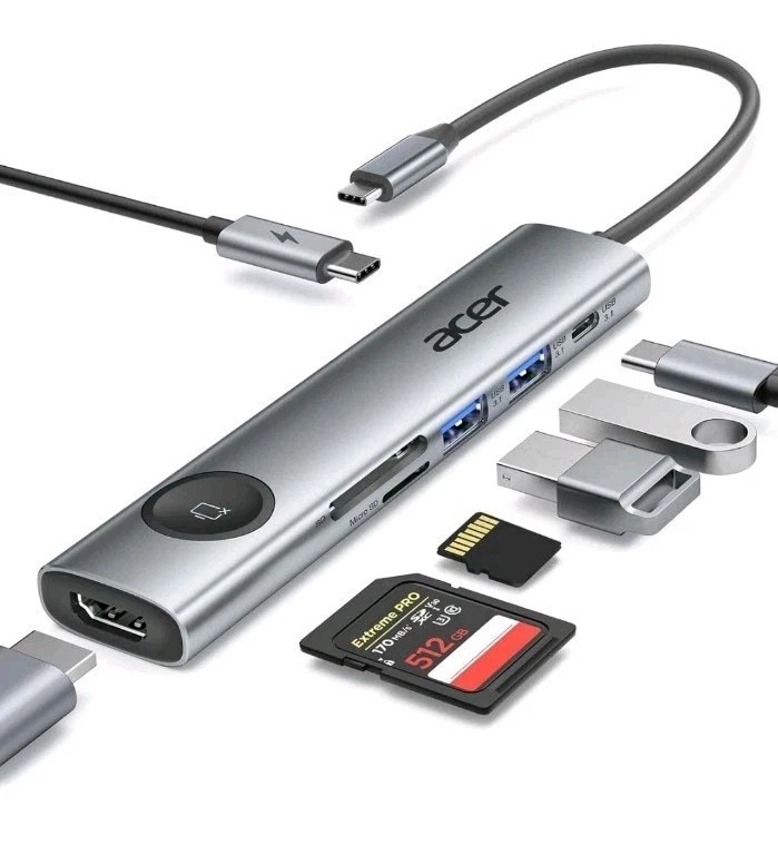 ACER ODK3E0 7 in 1 USB-C Hub Adapter, USB-C 5Gbps w/ 3.0 USB Silver HDMI, SD/TF