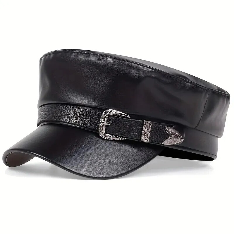 Fashion Women Large Belt Buckle Leather Hat Spring Autumn Sailor Hats Black