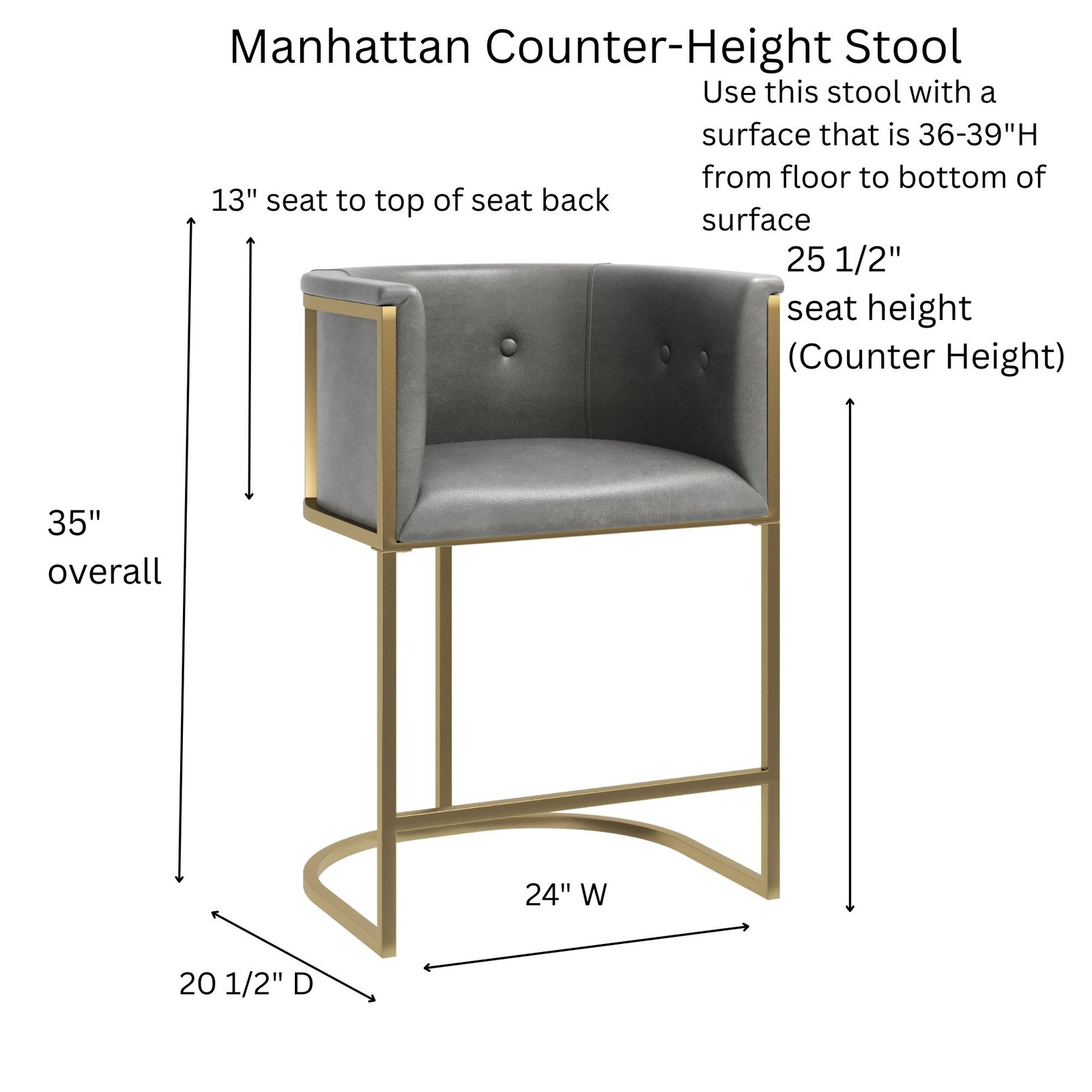 Manhattan 26" Counter Stool – Gray Faux Leather with Brass-Finish Metal Base