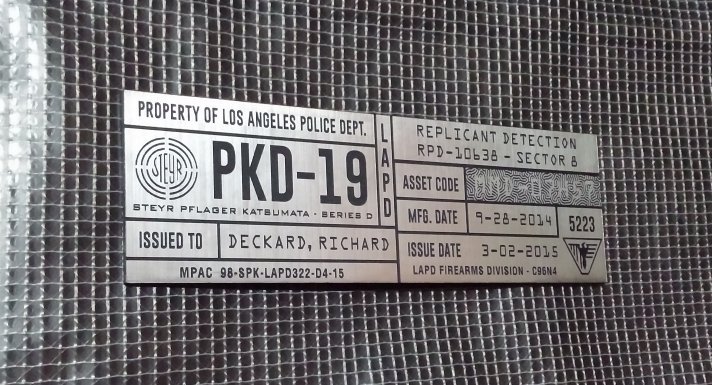CUSTOM BLADE RUNNER PKD 2019 BLASTER PROPERTY TAG PROP DETECTIVE SPECIAL SILVER