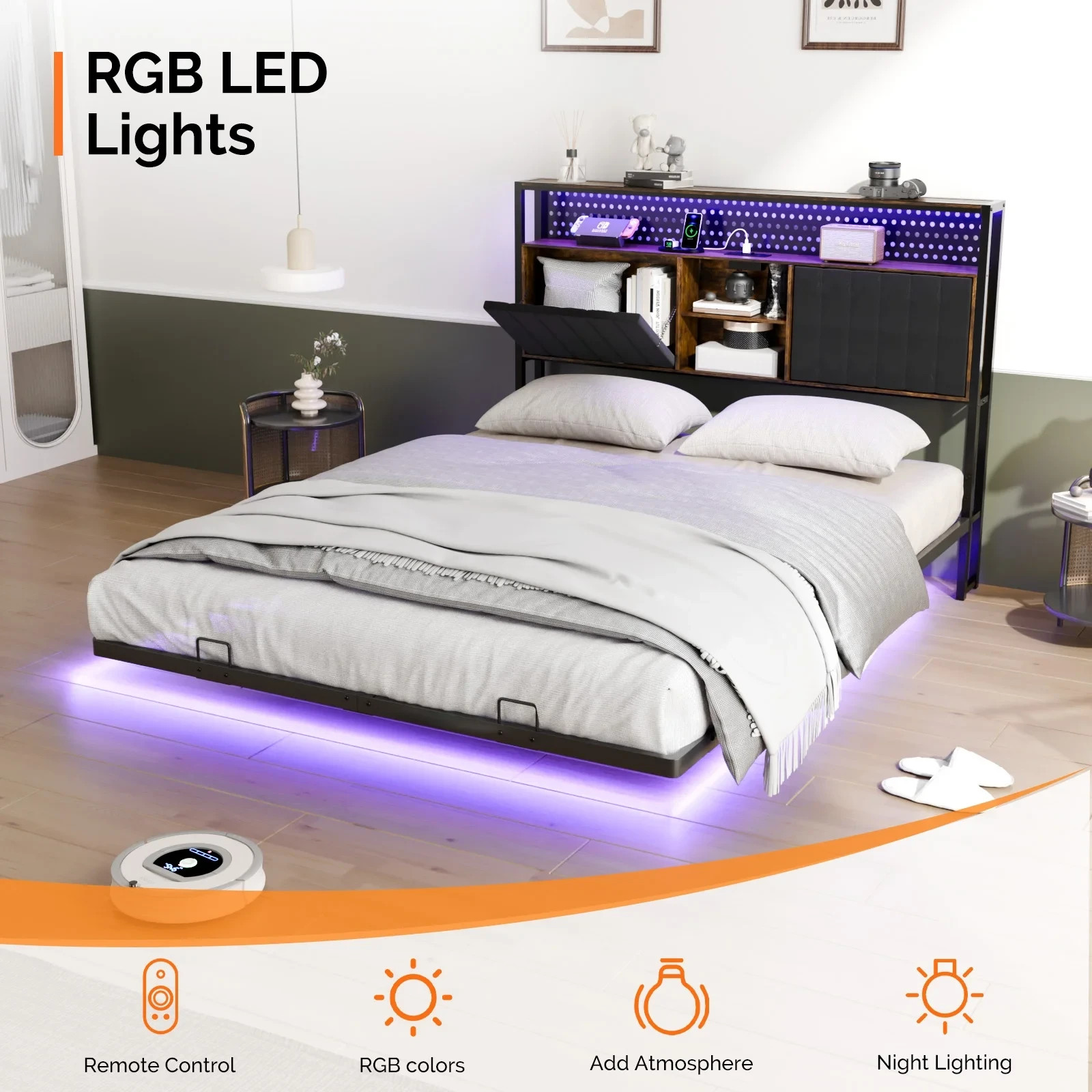 QUEEN SIZE Floating Platform Bed Frame With Charging Station Storage Headboard