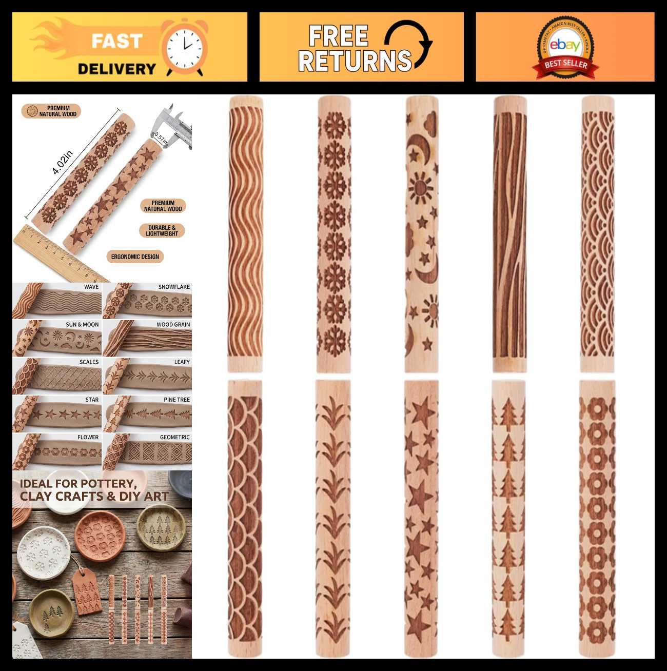 10Pcs Wooden Clay Rollers for Pottery & Ceramic Craft | DIY Texture Tools, Art S