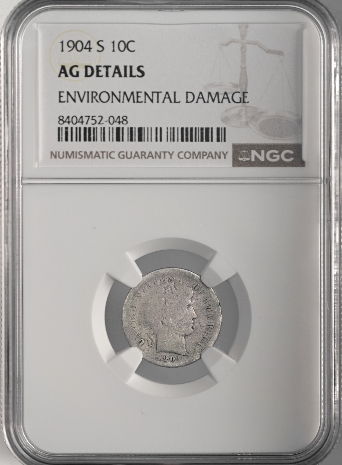 1904-S  10C BARBER SILVER DIME  NGC AG DETAILS "ENVIRO DAMAGE"  #8404752-048