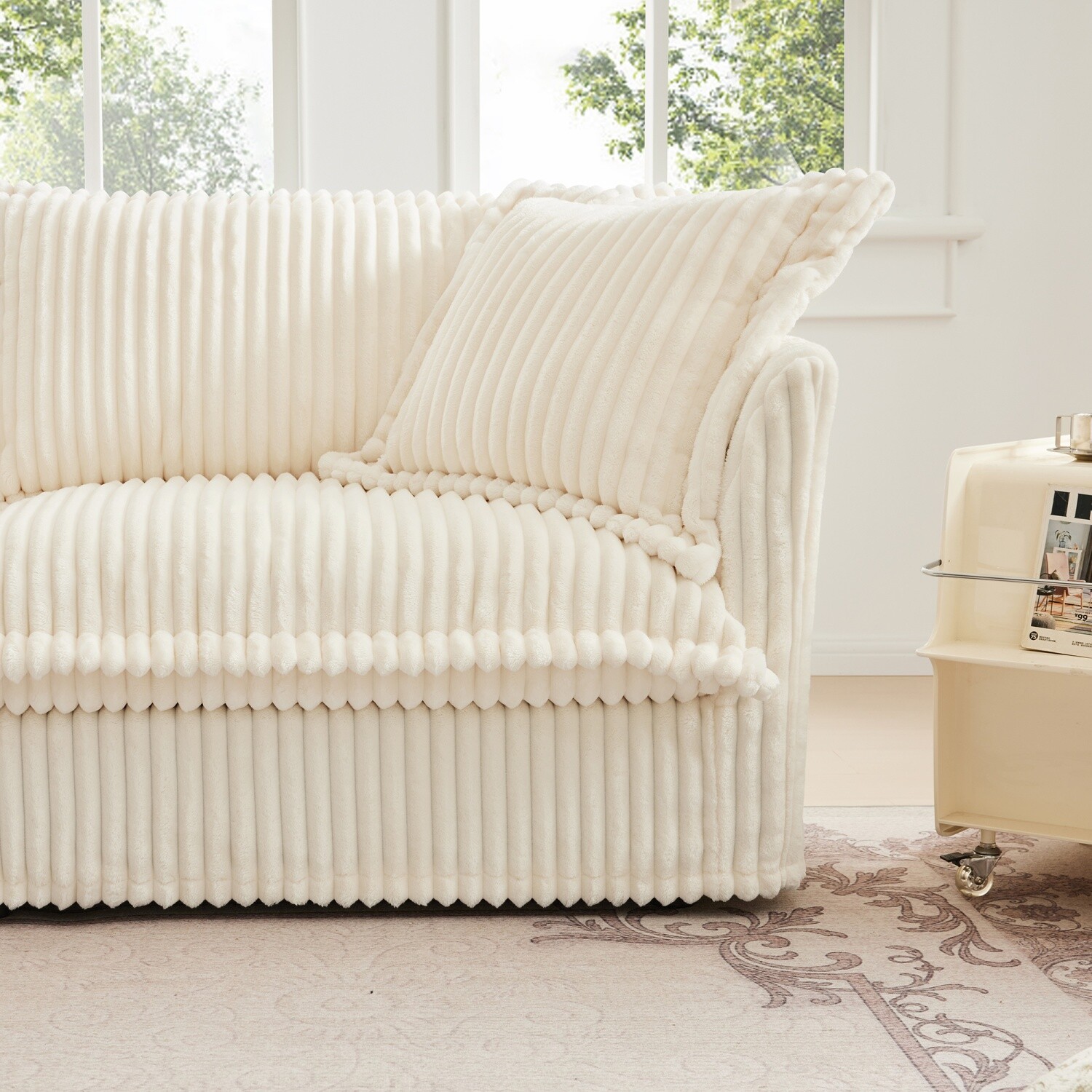 Single Sofa Corduroy Upholstered Armchair Living Room Furniture w/ Pillow Cream
