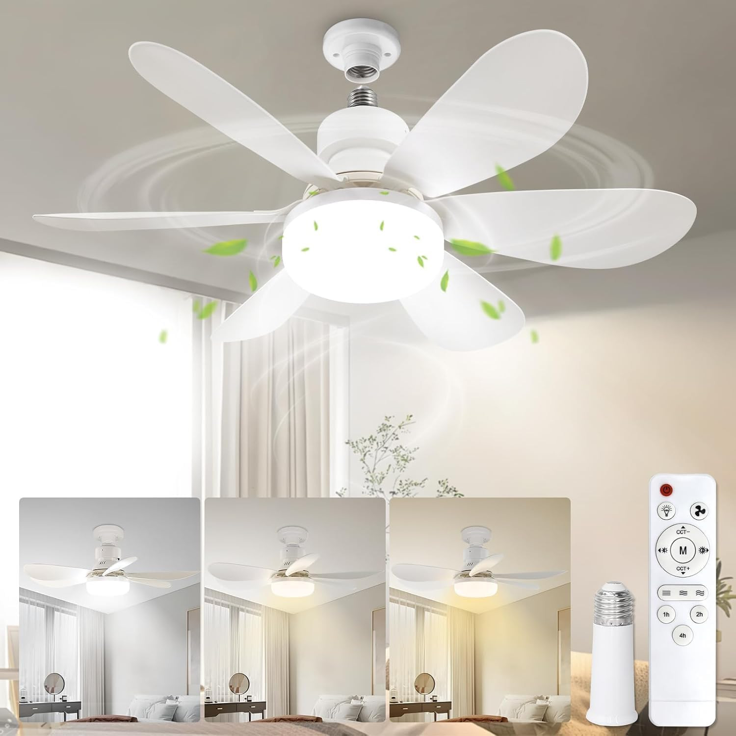 20.5"Socket Fan Light with Remote,E26 Base 40W/3000-6000K Dimming | Portable Sma