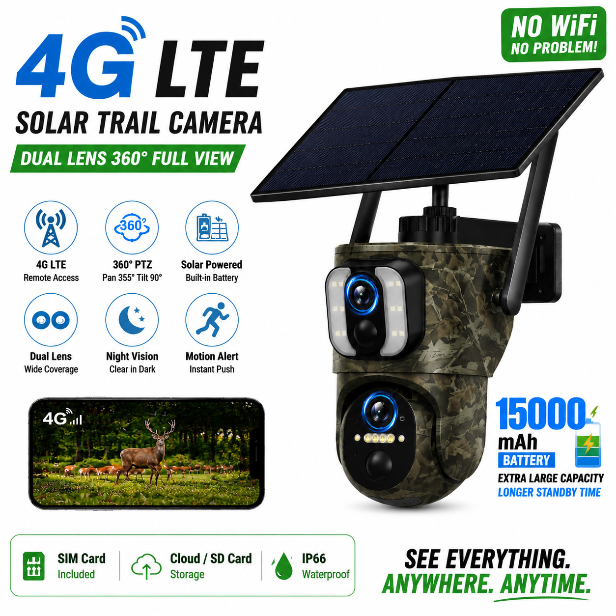 4G LTE Cellular Solar Trail Camera Dual Lens Game Hunting Cam SIM Card +14400mAh