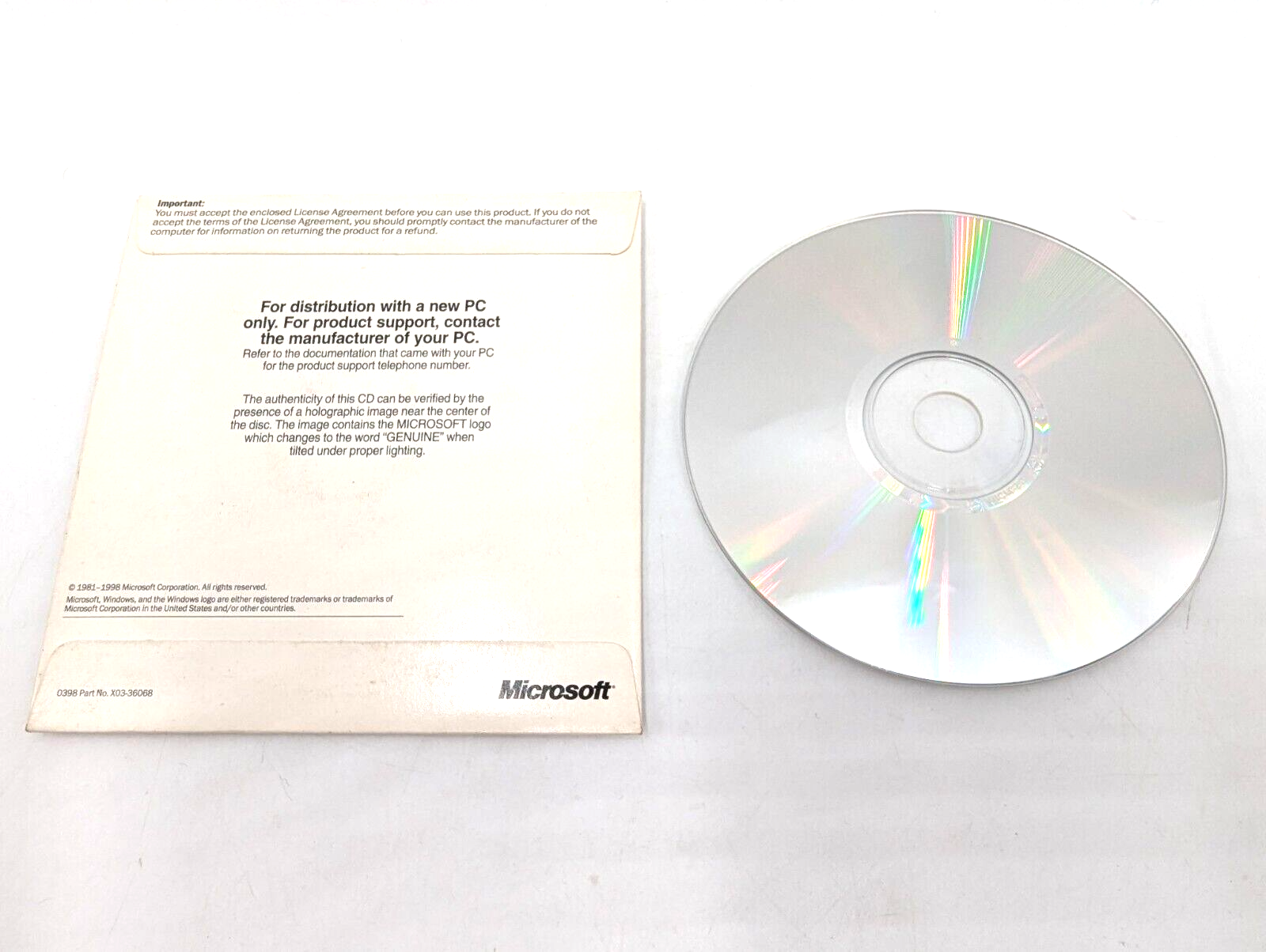 Microsoft Windows 98 CD-ROM CD Disc NO LICENSE KEY X03-36182 Clean Disc
