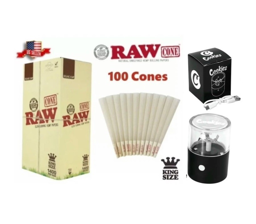 RAW organic KING size pre rolled cone AUTHENTIC + Rechargeable  Herb Grinder