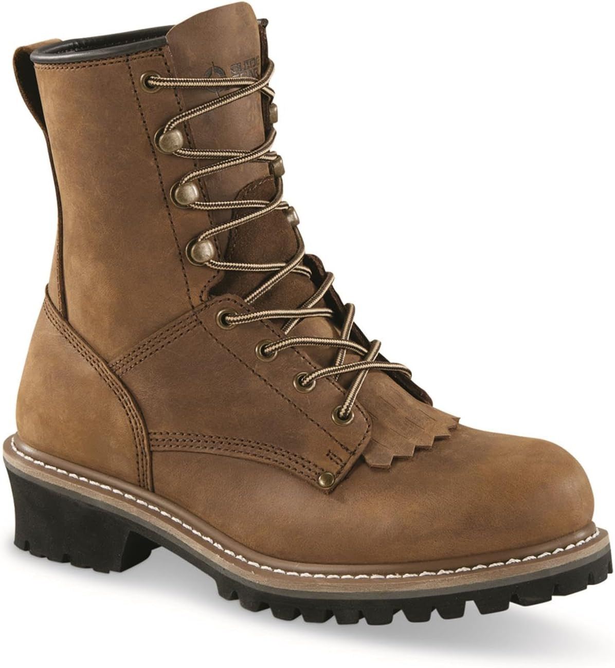 Mens 8" Sawtooth 2.0 Logger Work Boots, Leather Uppers Rubber Sole Shoes, Brown