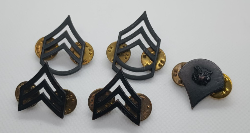 Vtg U.S. Army Black Chevrons and Specialist Pins Lot of 5