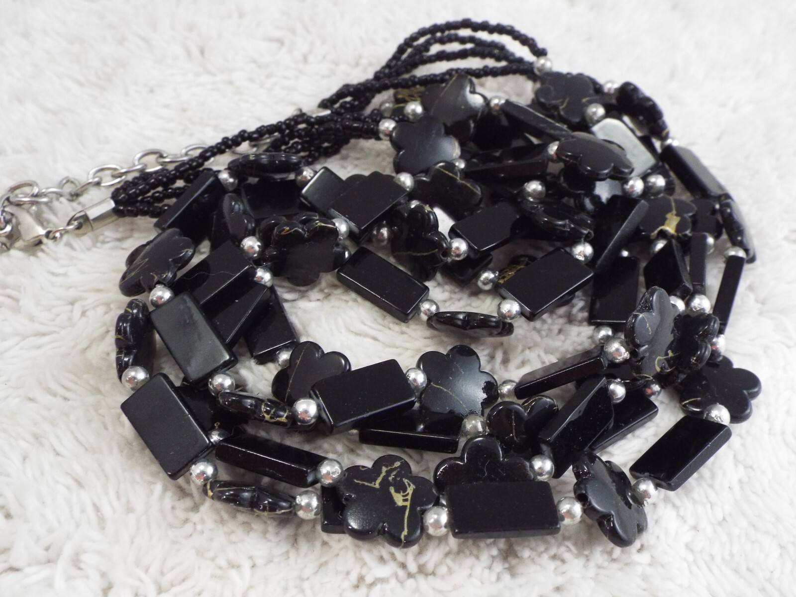 Silvertone Black Glass & Acrylic Bead Multi Strand Necklace (A7)