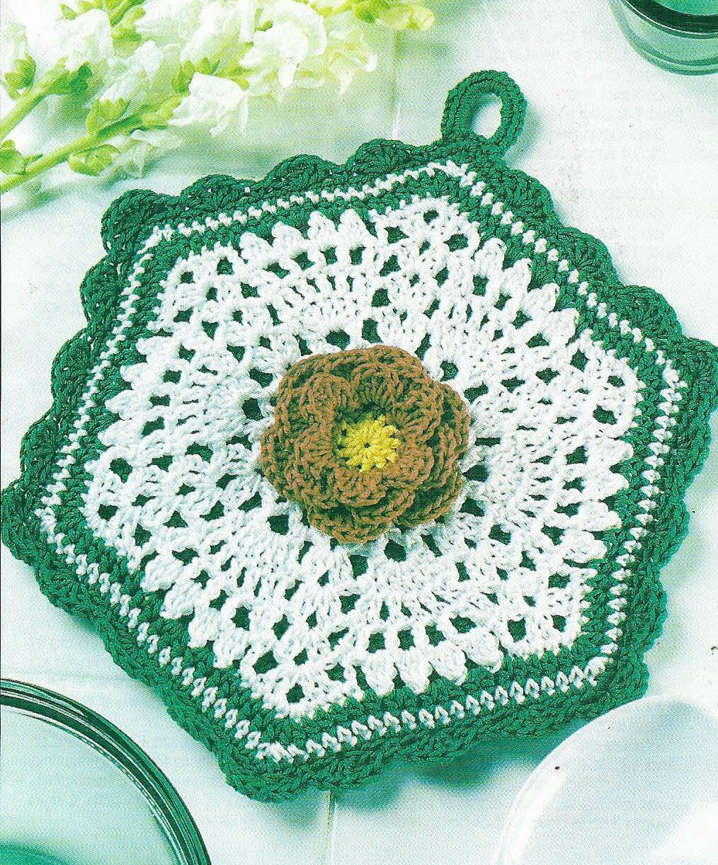 FLORAL POTHOLDER 10 1/2" KITCHEN DECOR DIGEST SIZE CROCHET PATTERN INSTRUCTIONS