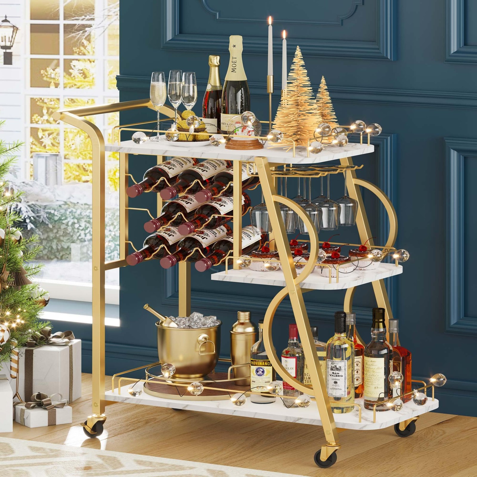 Bar Cart, Gold Bar Carts for The Home, Serving Cart with Wine Glass Holder, 3...