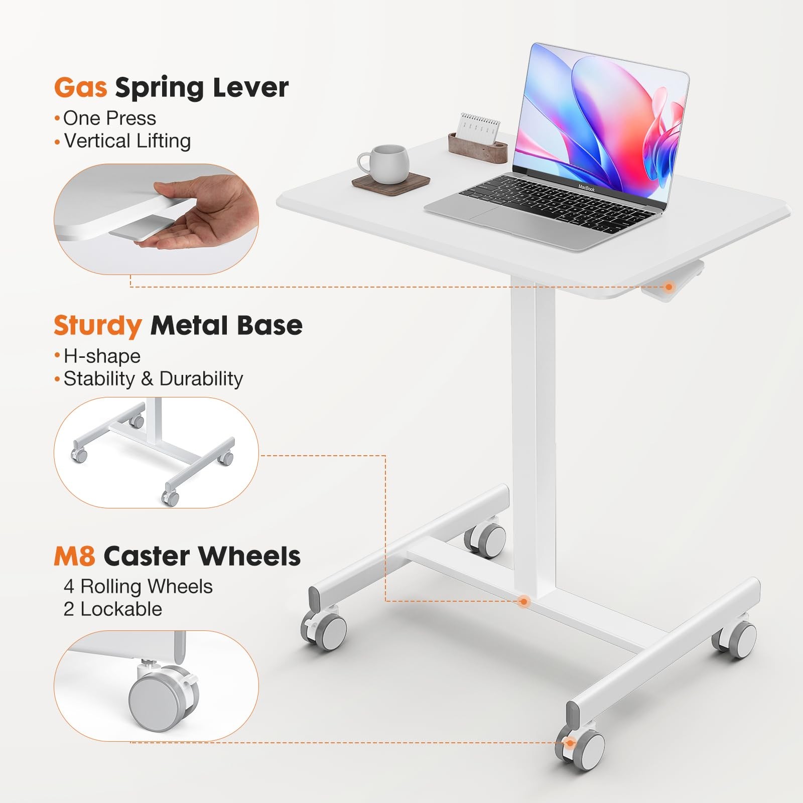 Mobile Standing Desk White Adjustable Height Rolling Laptop Cart Sit Stand Table