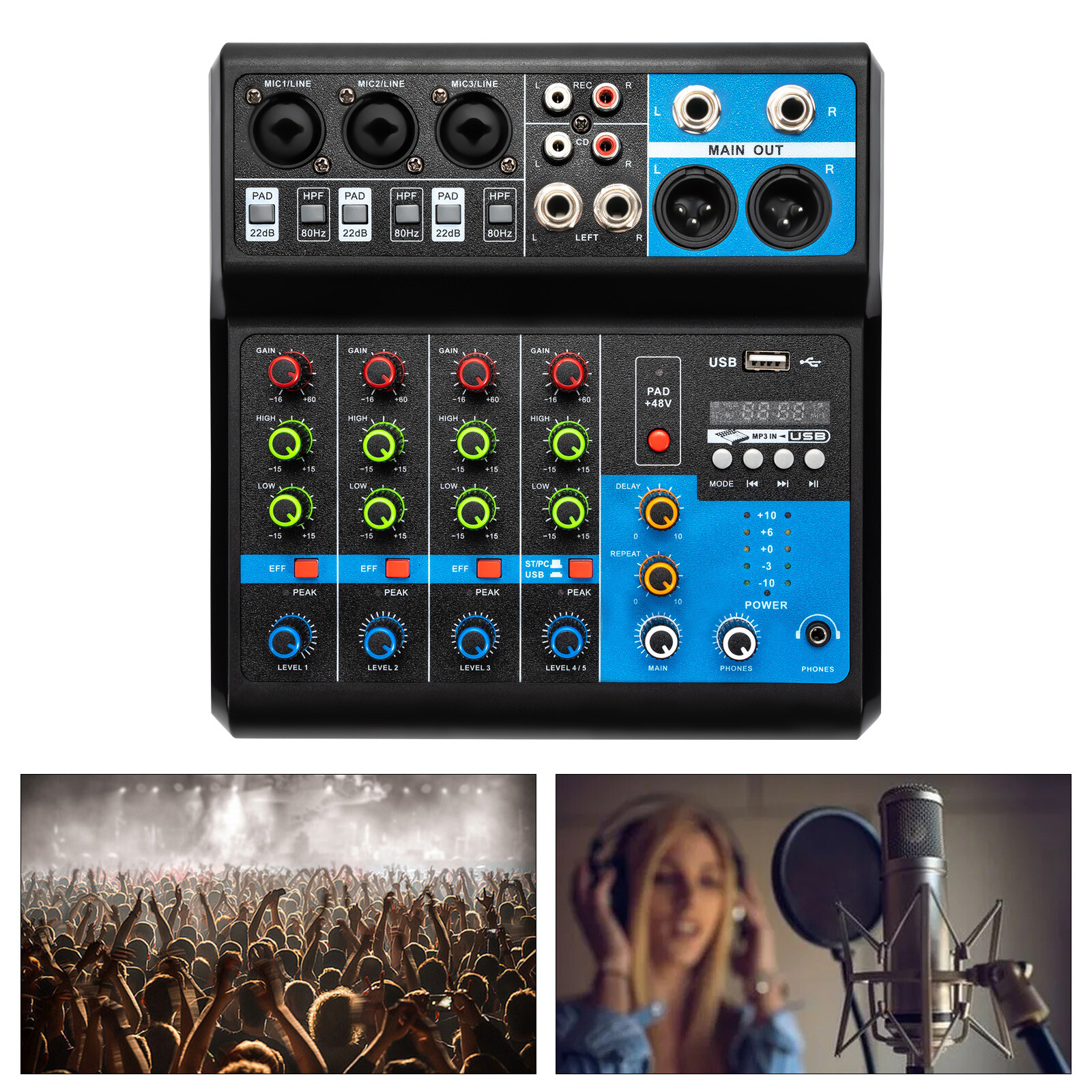 5-Channel Mixing Console Live Studio Audio DJ Mixer Sound Board USB Interface