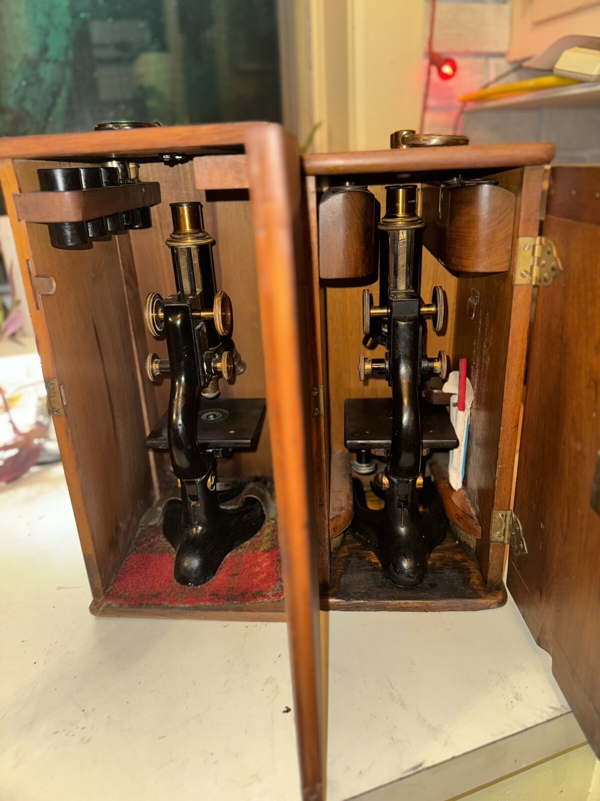 PAIR! PAIR! Antique Bausch & Lomb Brass Microscopes, With Wood Boxes & Lenses++