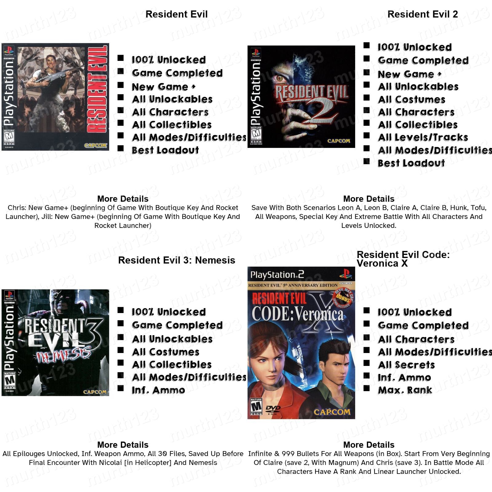 RESIDENT EVIL 1 2 3 4 | MEMORY CARD SAVES | PSX PS2 Code Veronica Nemesis Cheats