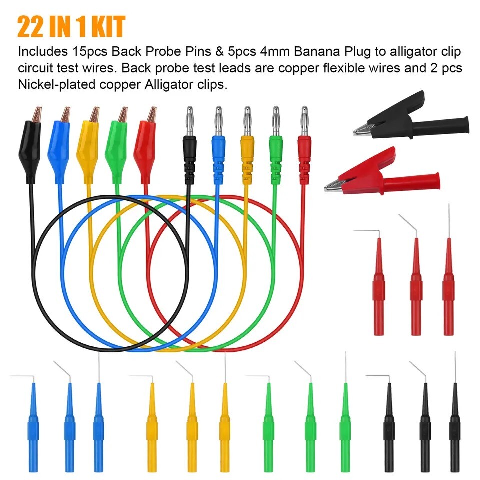 22Pcs Automotive Back Probe Kit Multimeter Test Leads Alligator Clips Wire Tool