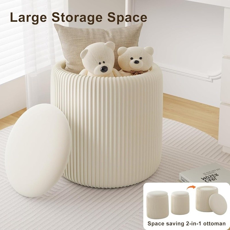 Round Ottoman Storage Set of 2 Velvet Pouf Makeup Footstool Living Room New