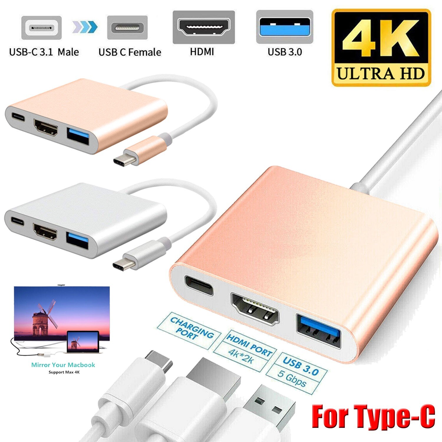 USB-C to HDMI Adapter 4K 1080P HDTV for Macbook Android Samsung Phone Tablet
