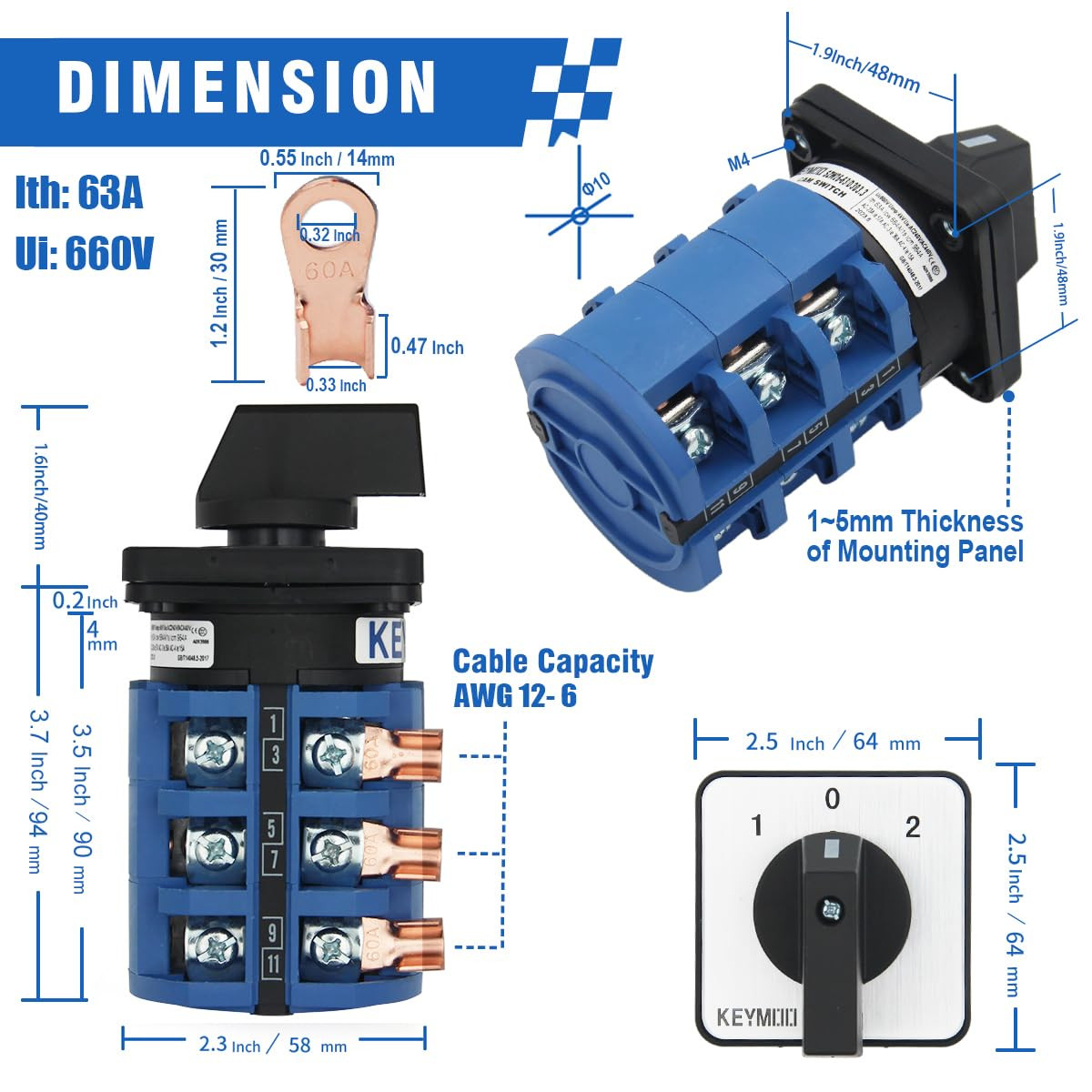 63A Rotary Change-Over Switch with Copper Cable Connector, 660V 3 Position 3 Pha