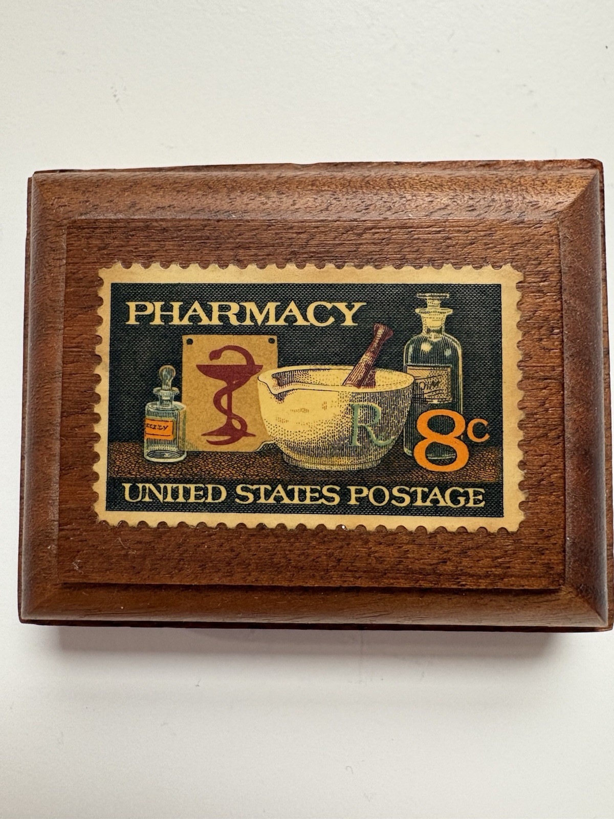 Handmade Framed 8 Cent U.S. Postage Stamp Pharmacy 1972 on miniature easel