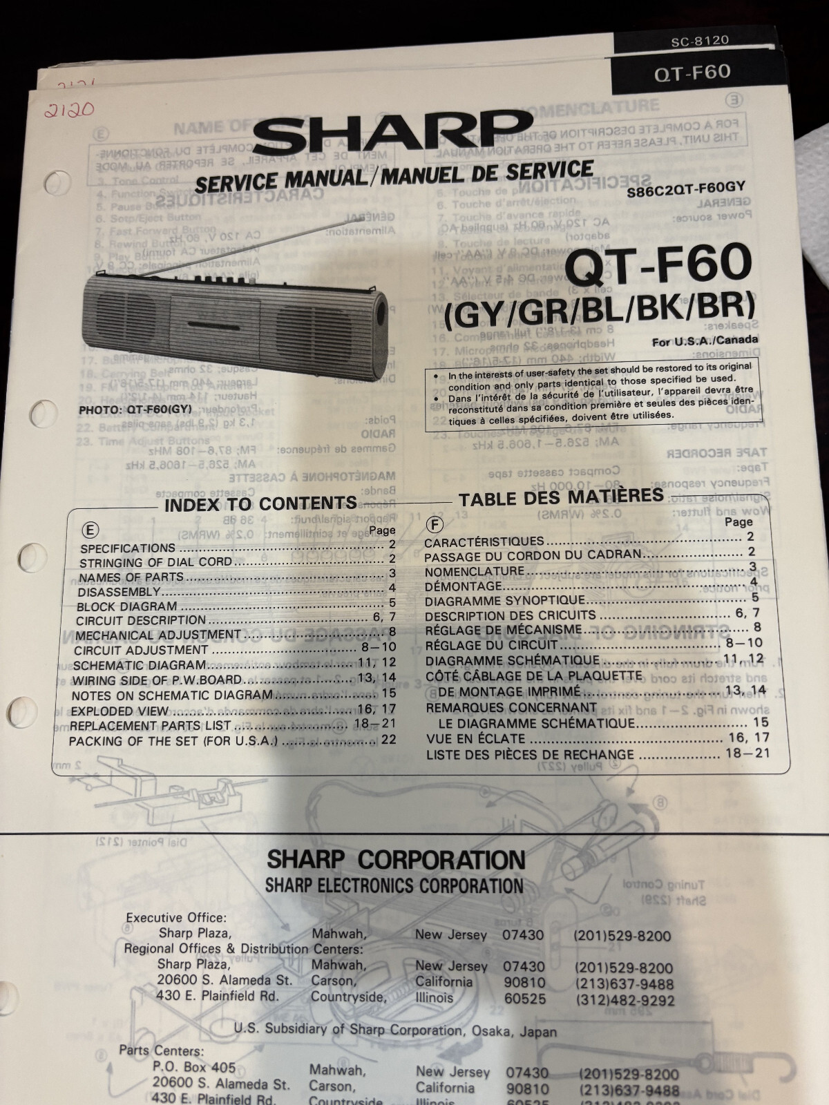 ORIG. SHARP QT-F60 QTF60 GY GR BL BK BR Repair & Service Manual *ORIGINAL*