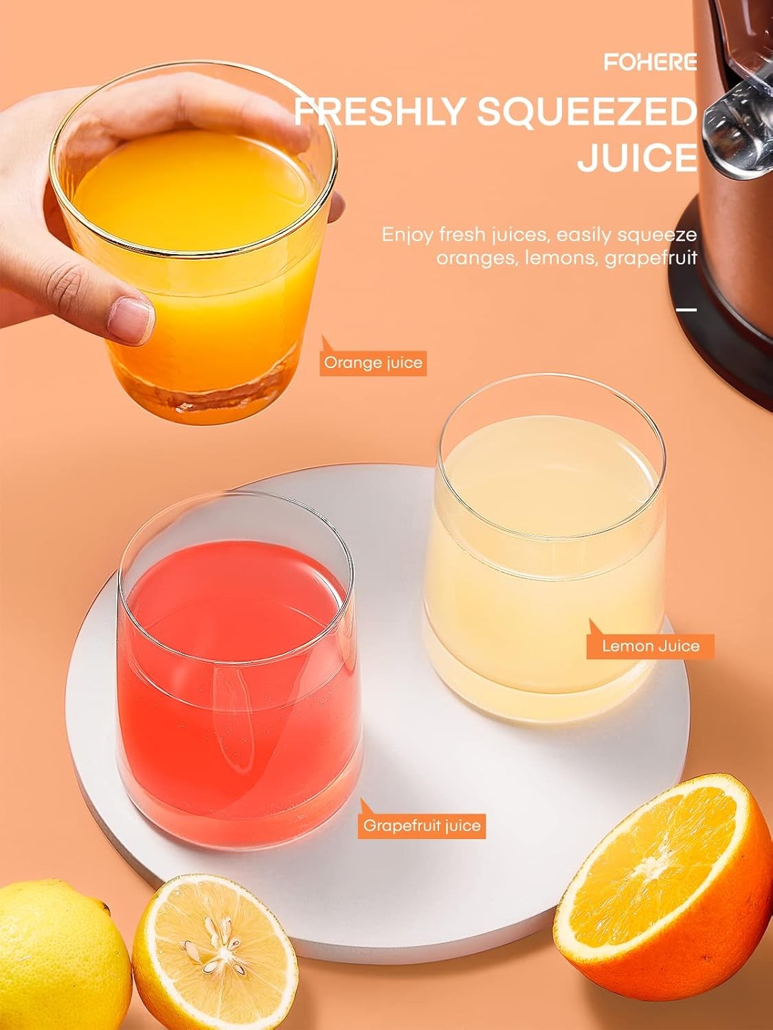 FOHERE Orange Juicer Squeezer Electric Citrus Juicer with Two Interchangeable Co