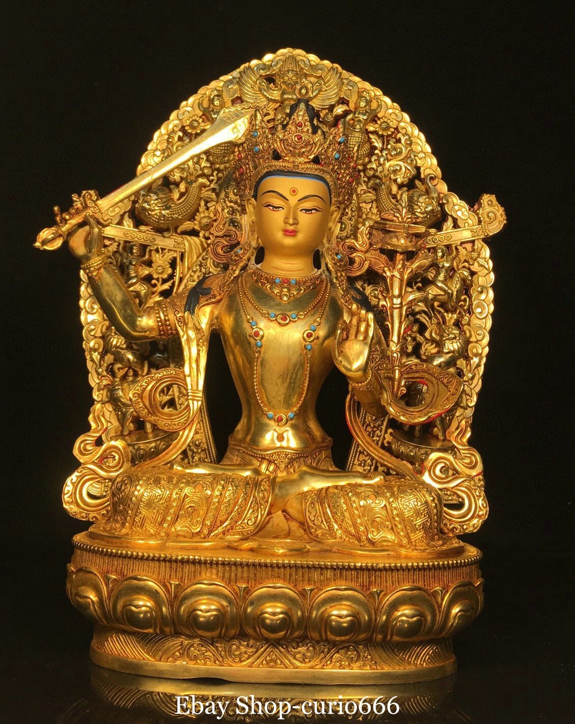 12.9" Old Dynasty Pure Bronze Gilt Painting Wenshu Manjushri Bodhisattva Statue