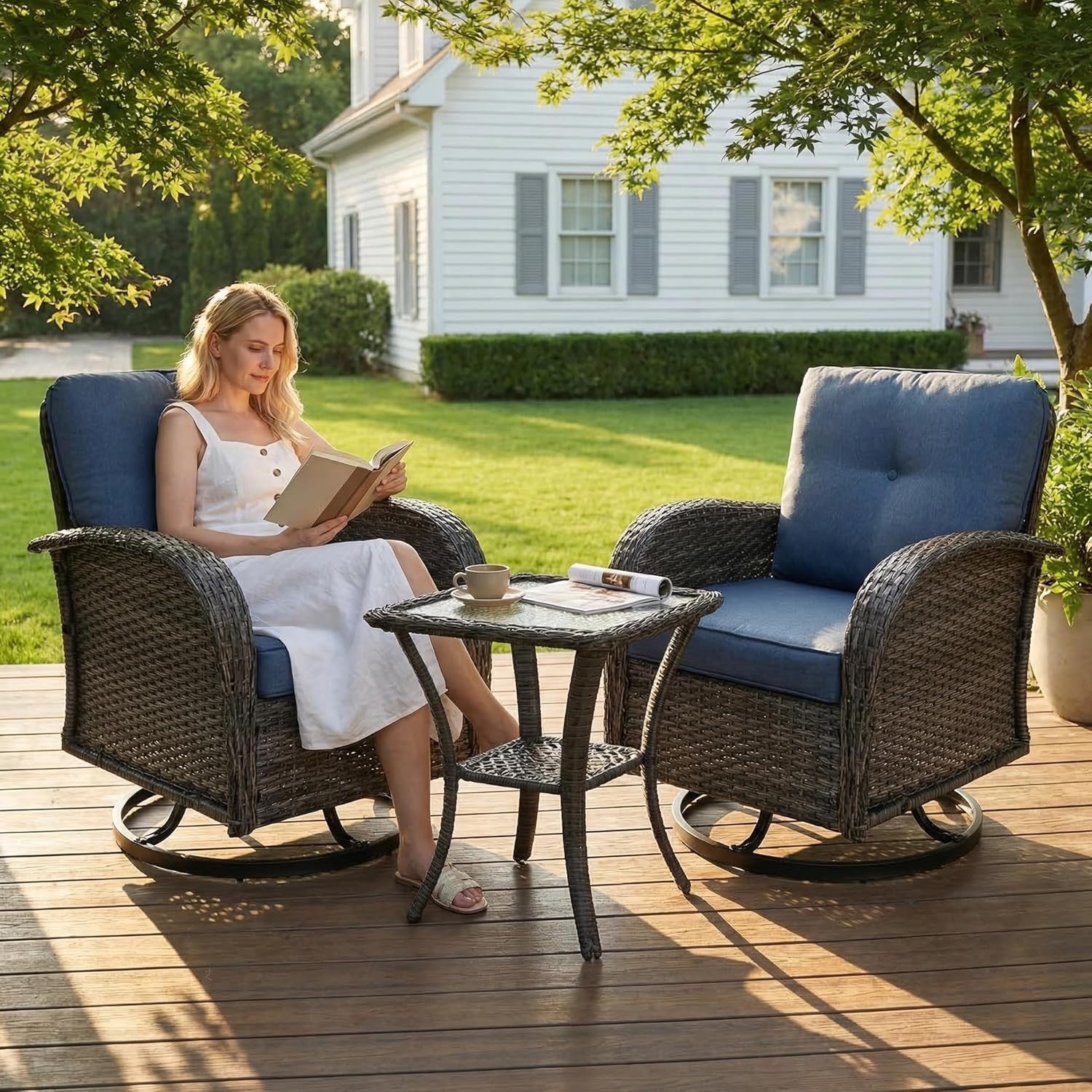 3 Piece Patio Furniture Set Outdoor Swivel Wicker Chairs with Side Table