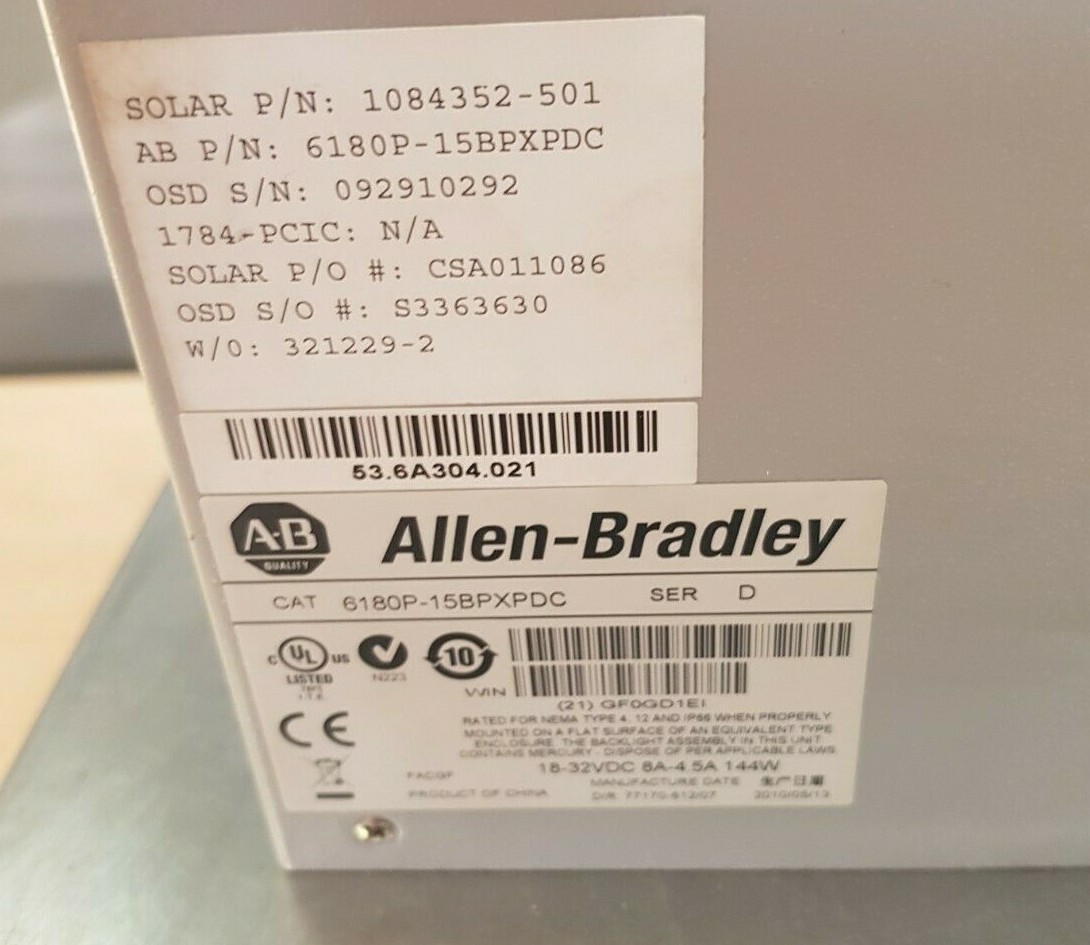 Allen Bradley 6180P-15BPXPDC Ser D Industrial Comp Keypad/Touch 2010 15" **READ