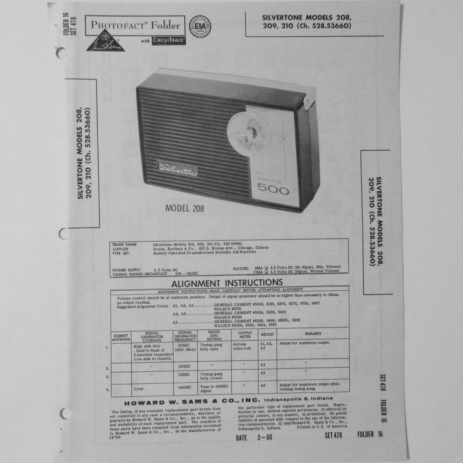 Silvertone Models 208 209 210 Portable Radio - SAMS Photofact ™ 1960 - New