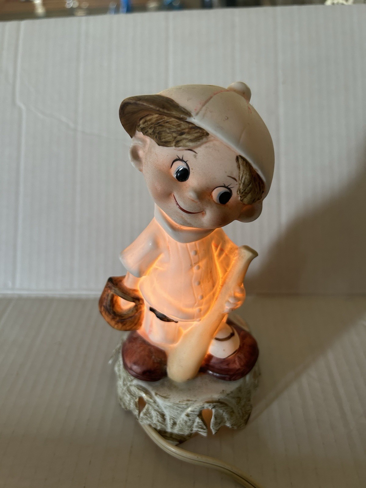 Vtg MCM Baseball Boy Night Light Lamp Figure, Leviton, Works
