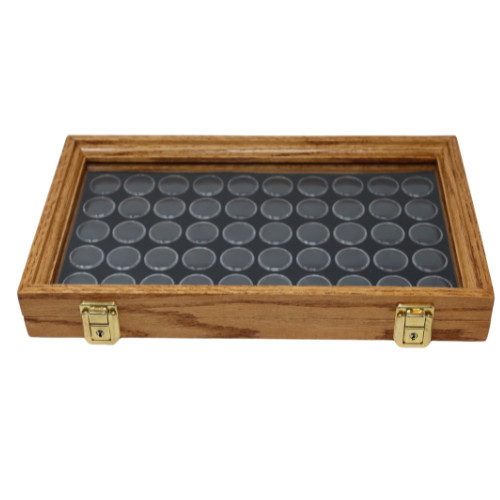 Oak Glass Top Display Case 16 x 9 x 2" for Coins, Gemstones 24~36~50 Cup Sizes