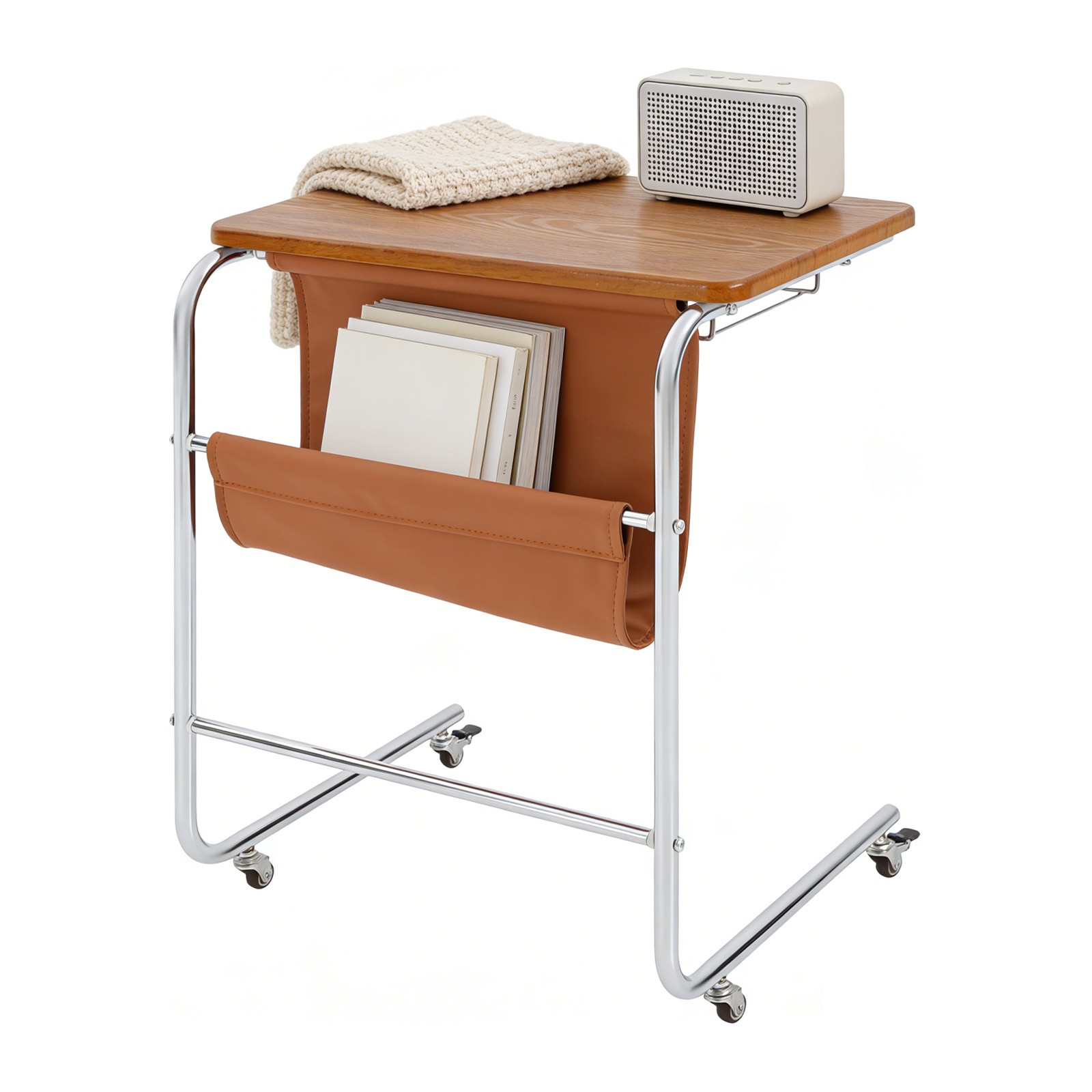 C-shaped End Table With Universal Wheels Sofa Side Table With Pu Storage Bag