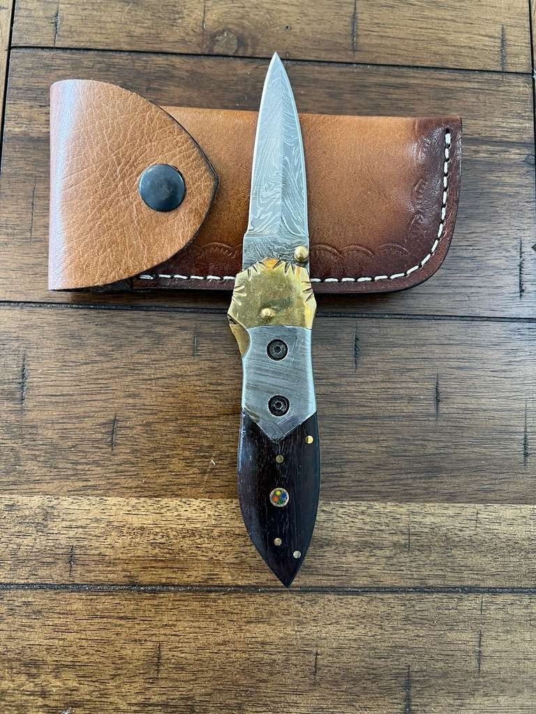 CUSTOM HANDMADE DAMASCUS WOOD & STEEL HANDLE FOLDING KNIFE W/ PREMIUM SHEATH 29