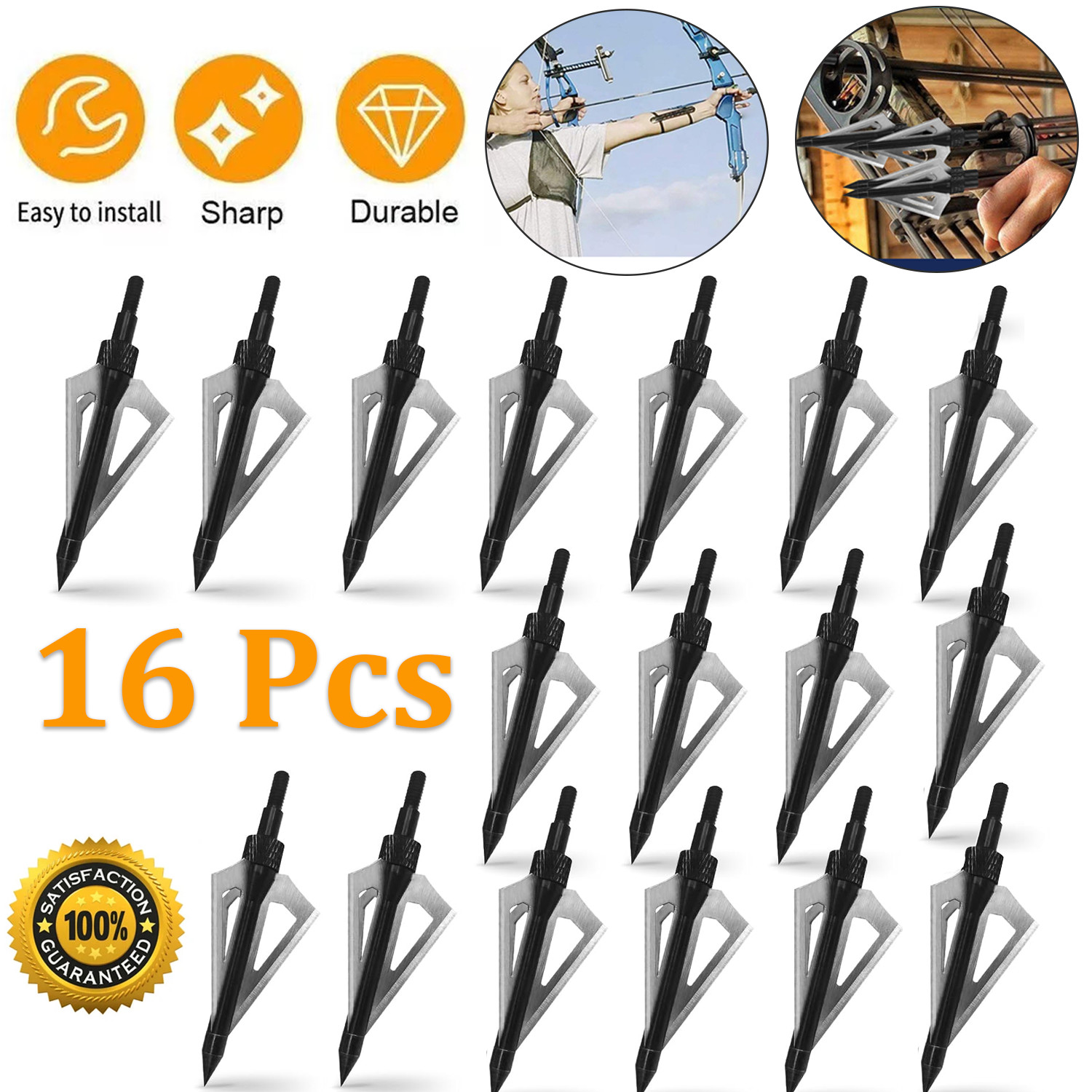 16PK Hunting Broadheads 100 Grains Screw-in Arrow Archery 3 Blades Hunting Heads