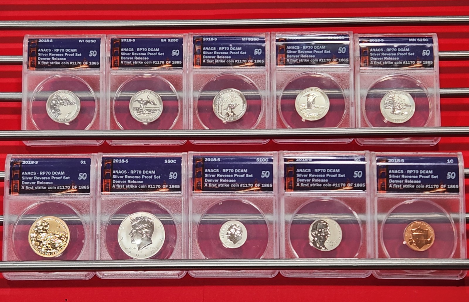 2018 S Silver Reverse Proof Set ANACS RP70DCAM 10 Coins First Strike Denver Rele