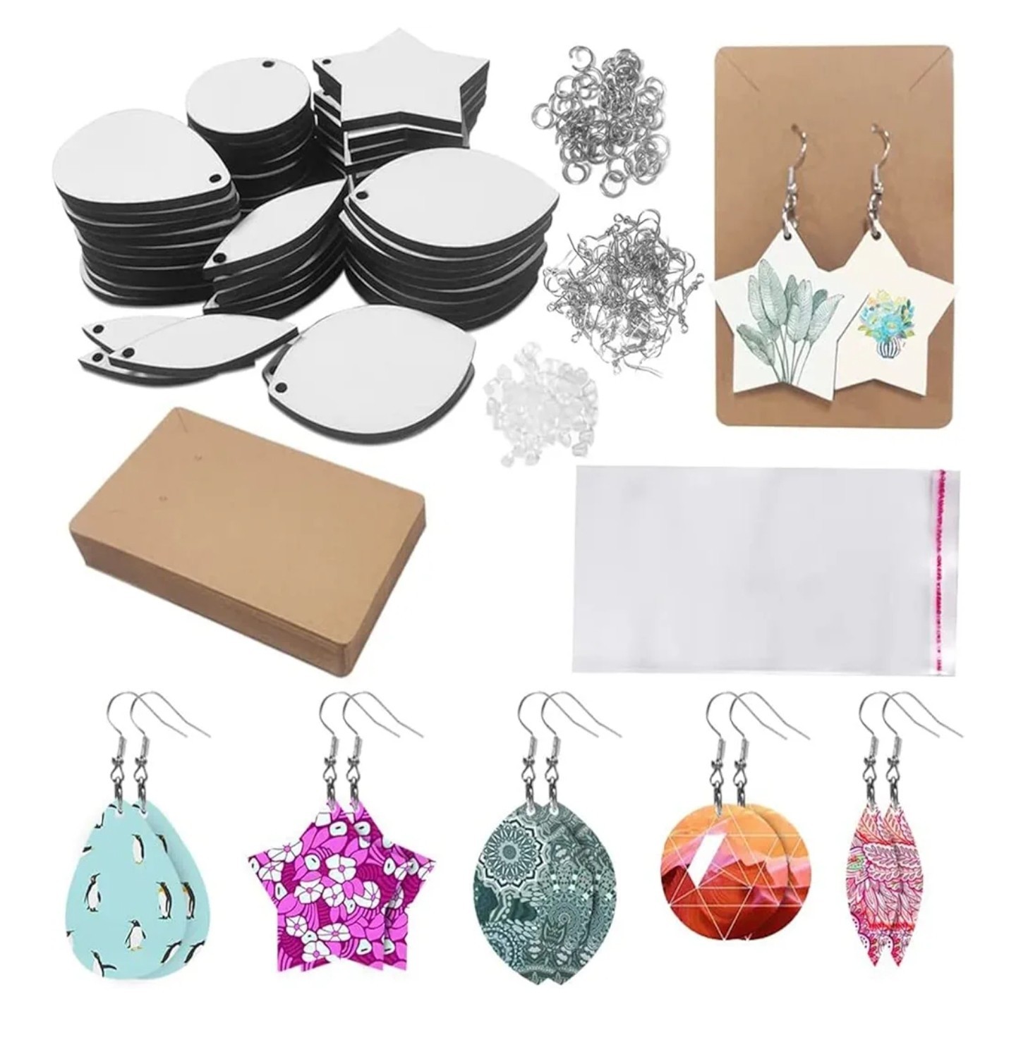 50pcs Assorted Wood Sublimation Blanks for DIY Earrings ++ Silvertone Hardware