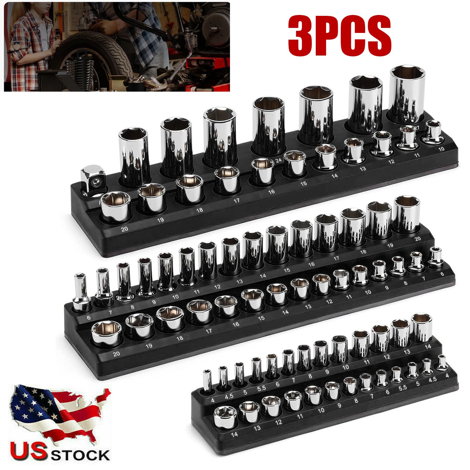 Magnetic Socket Organizer Set 3-Piece Socket Trays Black For Metric 75 Slot