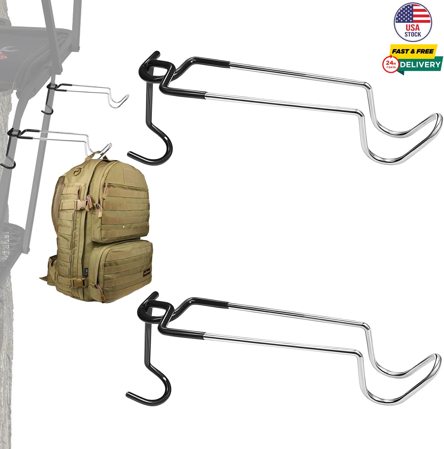Metal Hunting Tree Stand Hook Bow Hanger Gun Holder Non-Slip 0.75"-1.25" Round