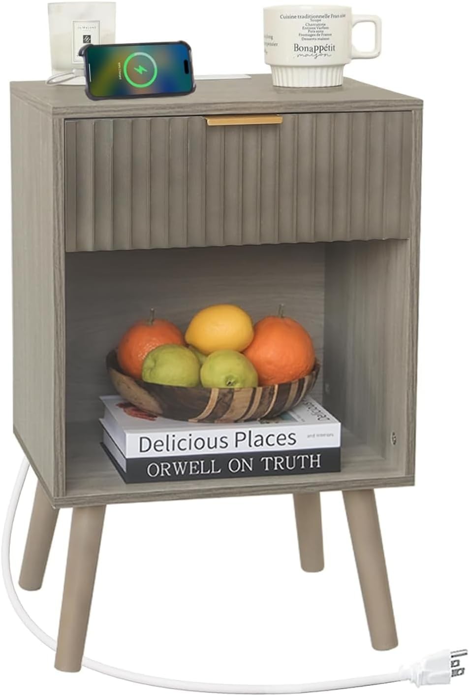 Grey Wood Nightstand W/ Charging Station Modern Bedside Table W/ Fluted Drawers