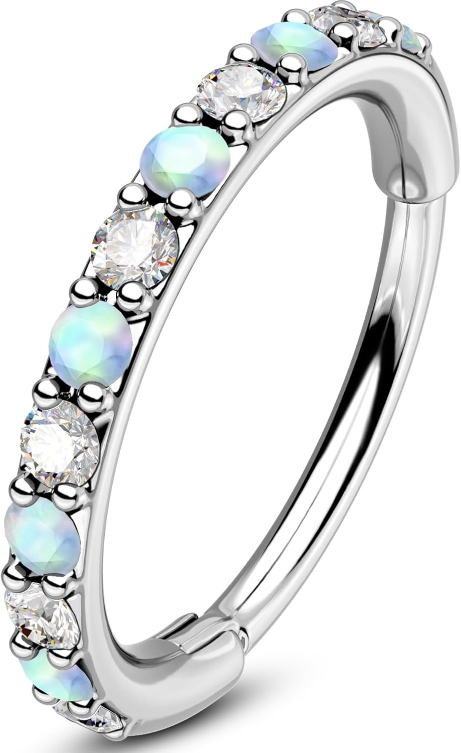 OUFER Opal and CZ 20G Nose Rings Hoops, 316L Surgical Steel Hinged Silver