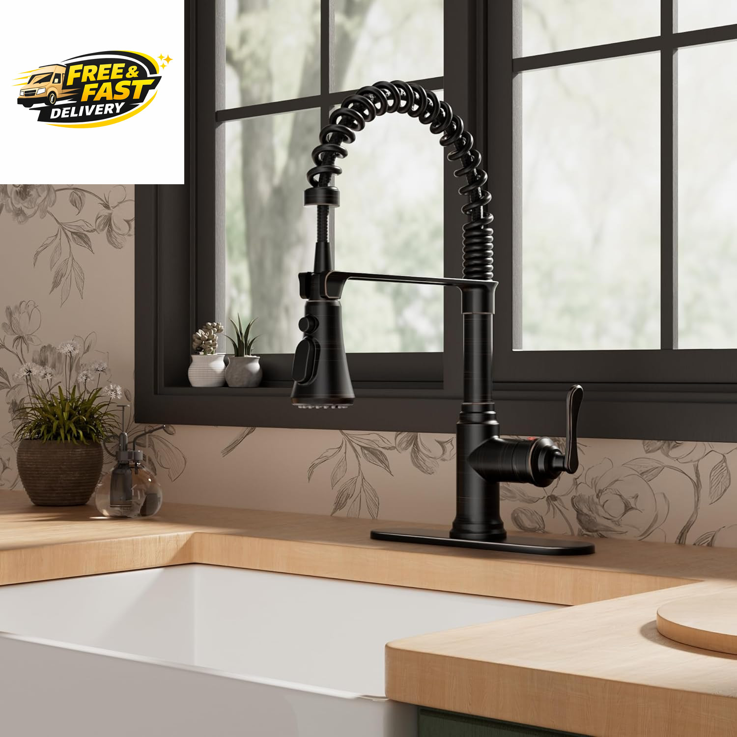 Rustic Kitchen Faucet with Pull down Sprayer Oil Rubbed Bronze, 3 Modes Stainles
