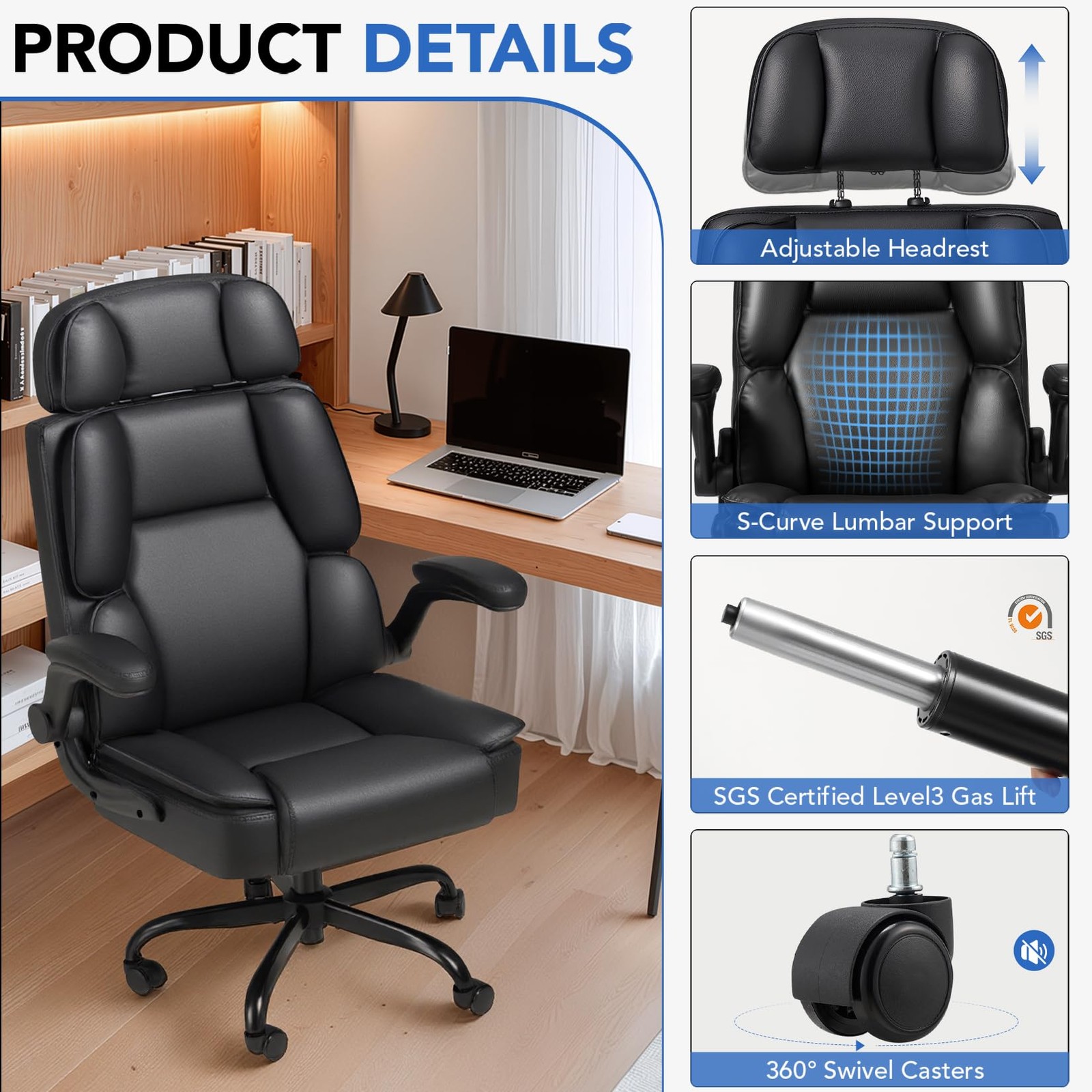 Comfy Office Chair with Adjustable Headrest,Executive Leather Desk Chair with...