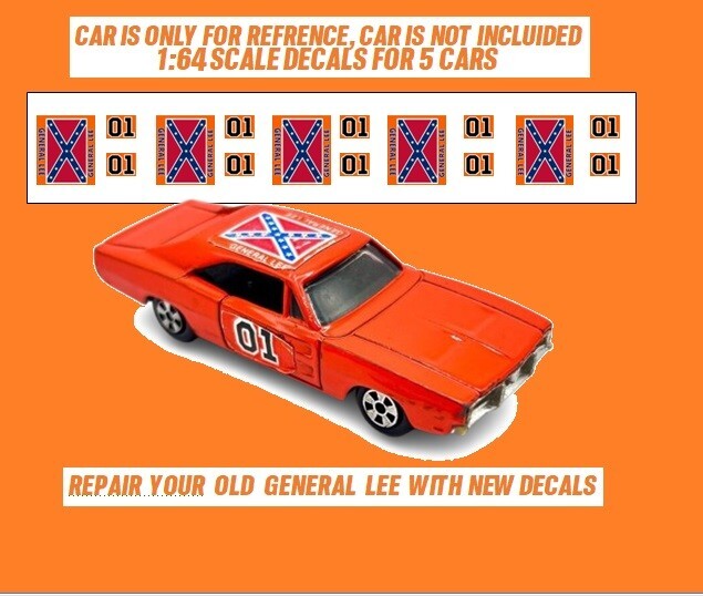Set of 5 General Lee 1:64 scale waterslide decals Dukes Of Hazzard white backing